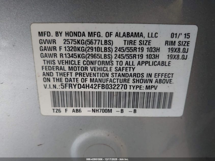 2015 Acura Mdx Technology Package VIN: 5FRYD4H42FB032270 Lot: 43951506
