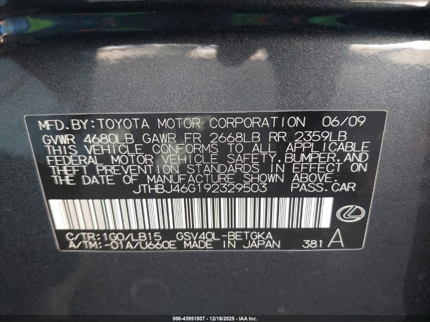 2009 Lexus Es 350 VIN: JTHBJ46G192329503 Lot: 43951507