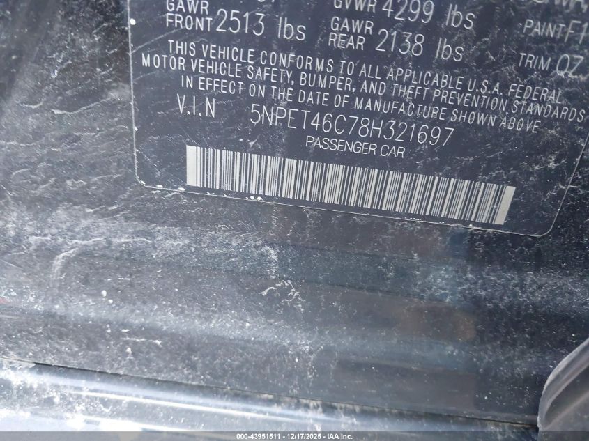 2008 Hyundai Sonata Gls VIN: 5NPET46C78H321697 Lot: 43951511