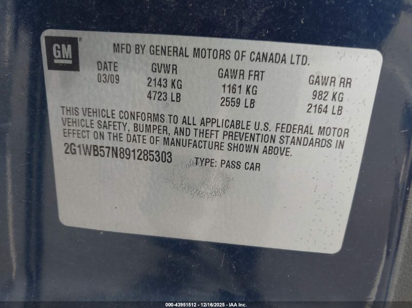 2009 Chevrolet Impala Ls VIN: 2G1WB57N891285303 Lot: 43951512