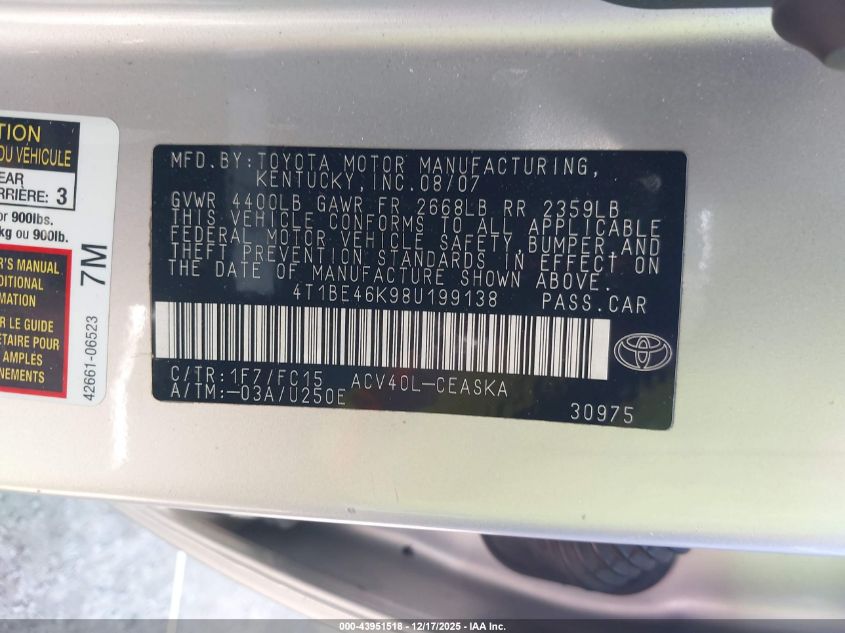 2008 Toyota Camry Se VIN: 4T1BE46K98U199138 Lot: 43951518