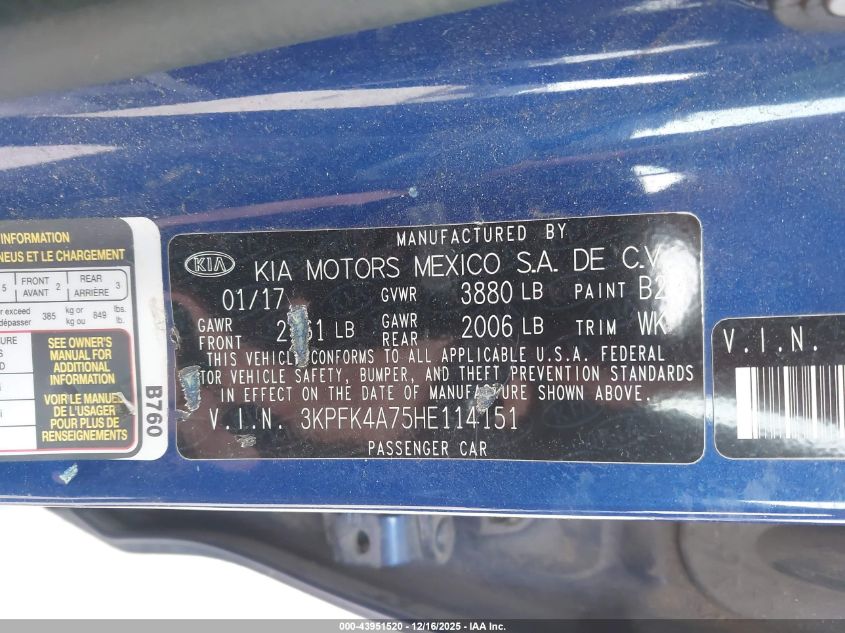 2017 Kia Forte Lx VIN: 3KPFK4A75HE114151 Lot: 43951520