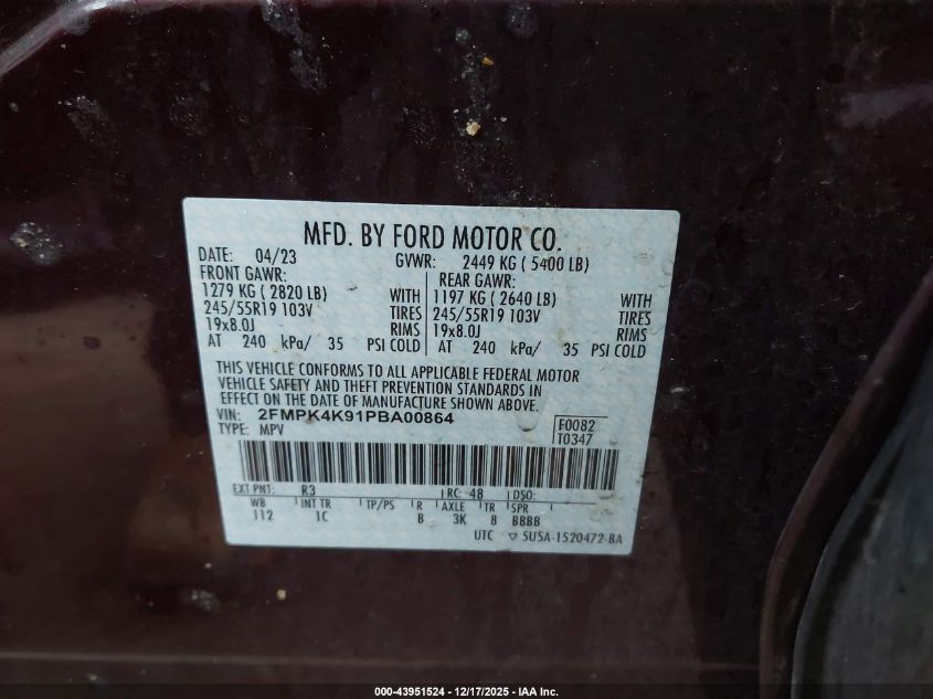 2023 Ford Edge Titanium VIN: 2FMPK4K91PBA00864 Lot: 43951524