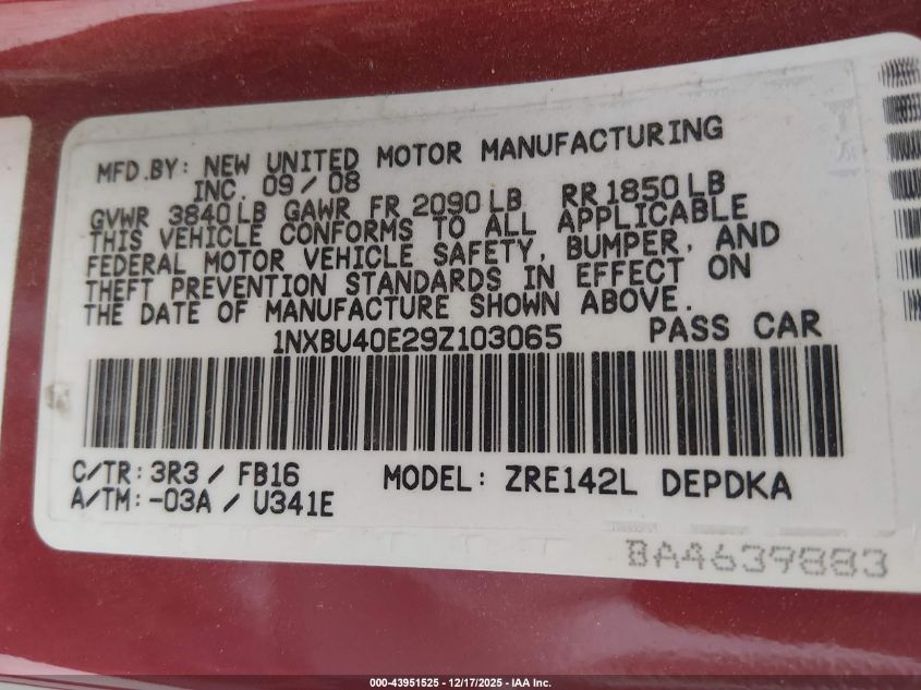 2009 Toyota Corolla Le VIN: 1NXBU40E29Z103065 Lot: 43951525