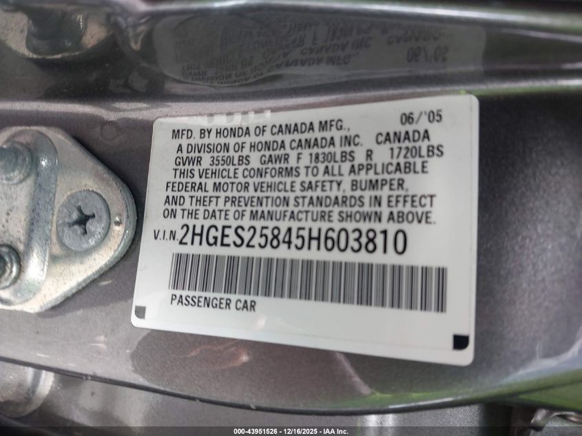 2005 Honda Civic Ex VIN: 2HGES25845H603810 Lot: 43951526