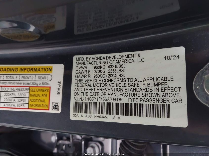 2025 Honda Accord Se VIN: 1HGCY1F46SA008639 Lot: 43951527