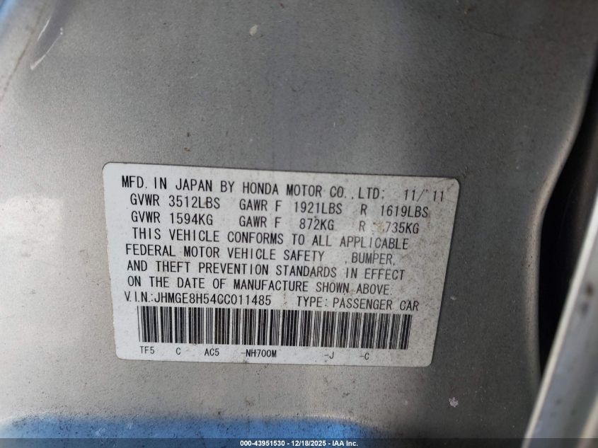 2012 Honda Fit Sport VIN: JHMGE8H54CC011485 Lot: 43951530
