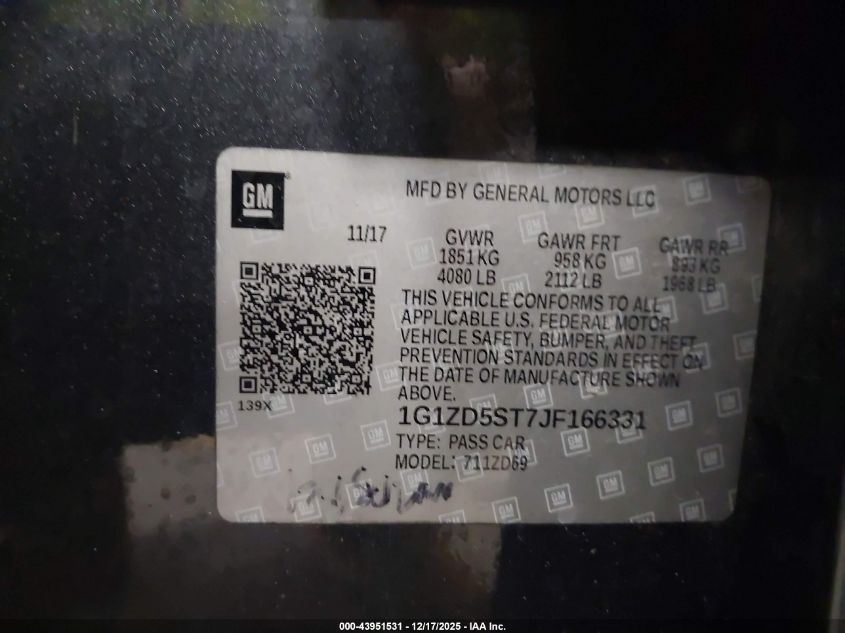 2018 Chevrolet Malibu Lt VIN: 1G1ZD5ST7JF166331 Lot: 43951531