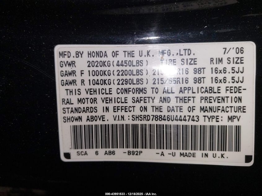 2006 Honda Cr-V Ex VIN: SHSRD78846U444743 Lot: 43951533