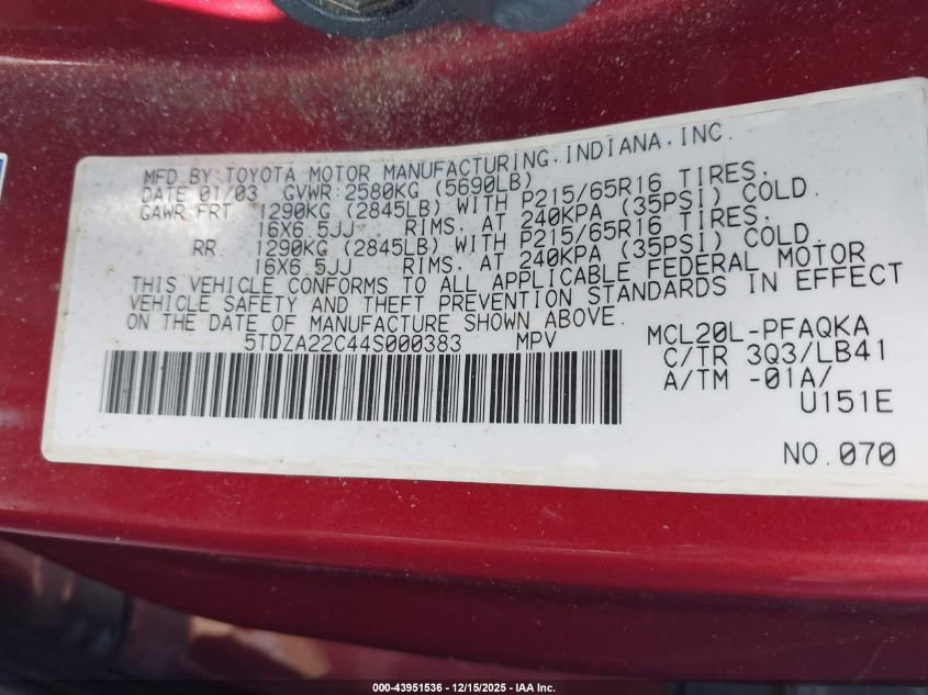 2004 Toyota Sienna Xle VIN: 5TDZA22C44S000383 Lot: 43951536