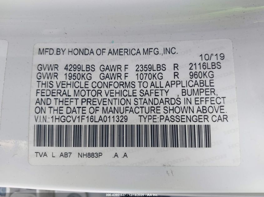 2020 Honda Accord Lx VIN: 1HGCV1F16LA011329 Lot: 43951537