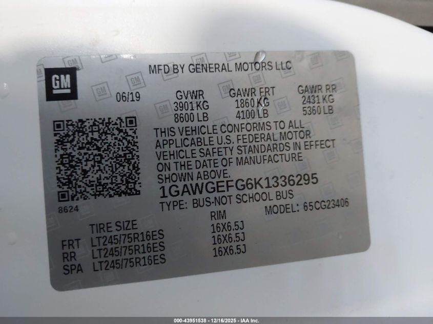 2019 Chevrolet Express 2500 Ls VIN: 1GAWGEFG6K1336295 Lot: 43951538