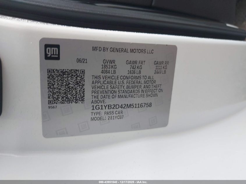 2021 Chevrolet Corvette Stingray Rwd 2Lt VIN: 1G1YB2D42M5116758 Lot: 43951540