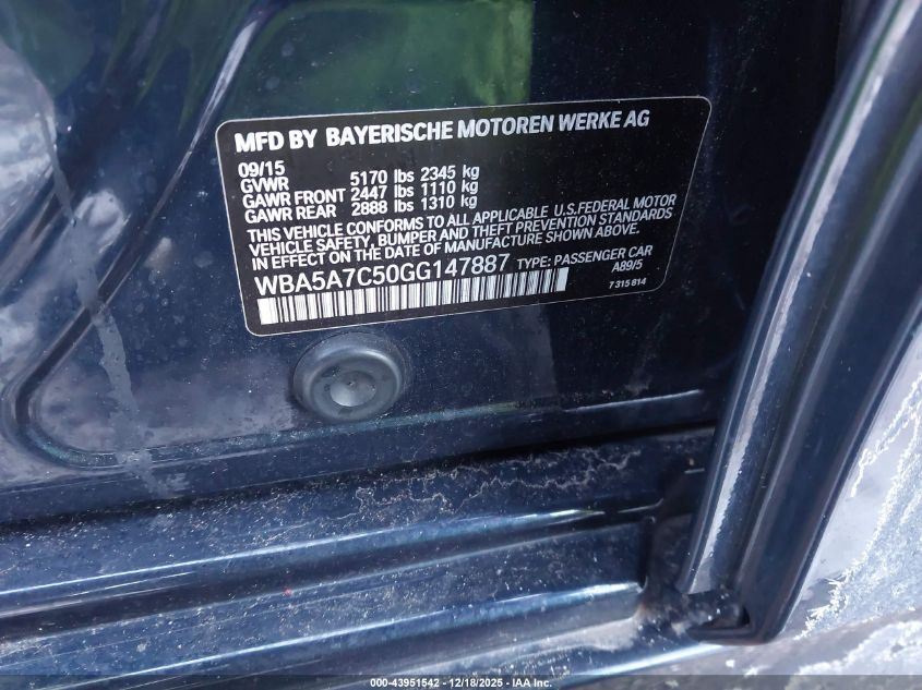 2016 BMW 528I xDrive VIN: WBA5A7C50GG147887 Lot: 43951542