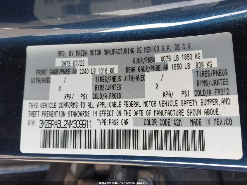 2022 Mazda Mazda3 Select VIN: 3MZBPABL2NM309911 Lot: 43951545