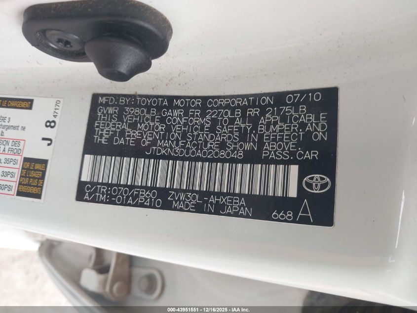 2010 Toyota Prius Ii VIN: JTDKN3DU0A0208048 Lot: 43951551