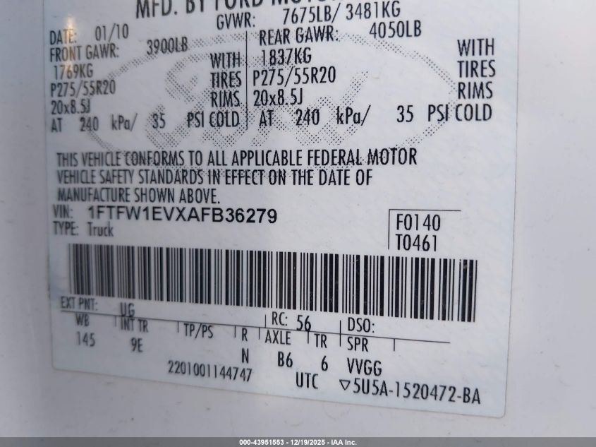 2010 Ford F-150 Fx4/Harley-Davidson/King Ranch/Lariat/Platinum/Xl/Xlt VIN: 1FTFW1EVXAFB36279 Lot: 43951553