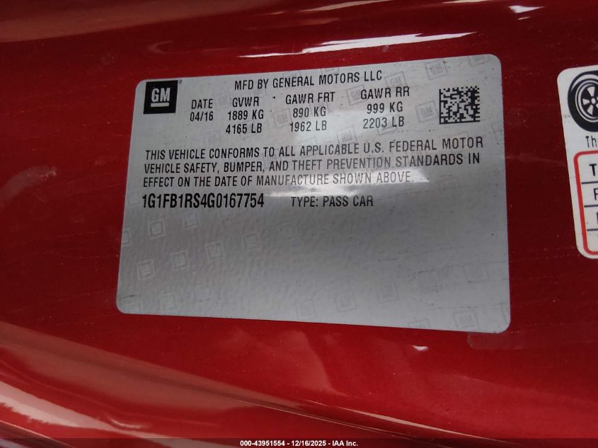2016 Chevrolet Camaro 1Lt VIN: 1G1FB1RS4G0167754 Lot: 43951554