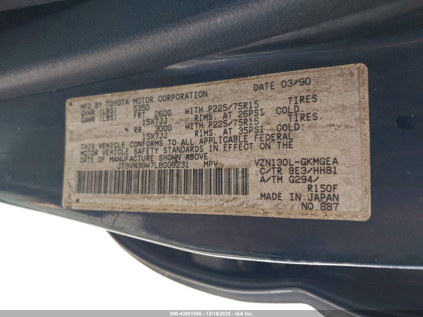 1990 Toyota 4Runner Vn39 Sr5 VIN: JT3VN39W7L8003231 Lot: 43951556