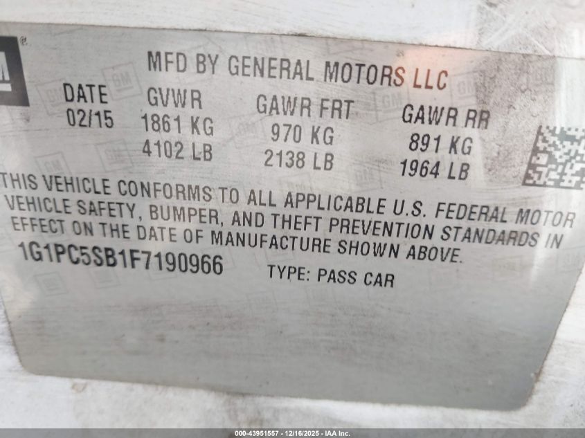 2015 Chevrolet Cruze 1Lt Auto VIN: 1G1PC5SB1F7190966 Lot: 43951557