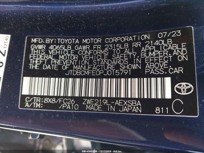2023 Toyota Corolla Hybrid Se VIN: JTDBCMFE0PJ015791 Lot: 43951558