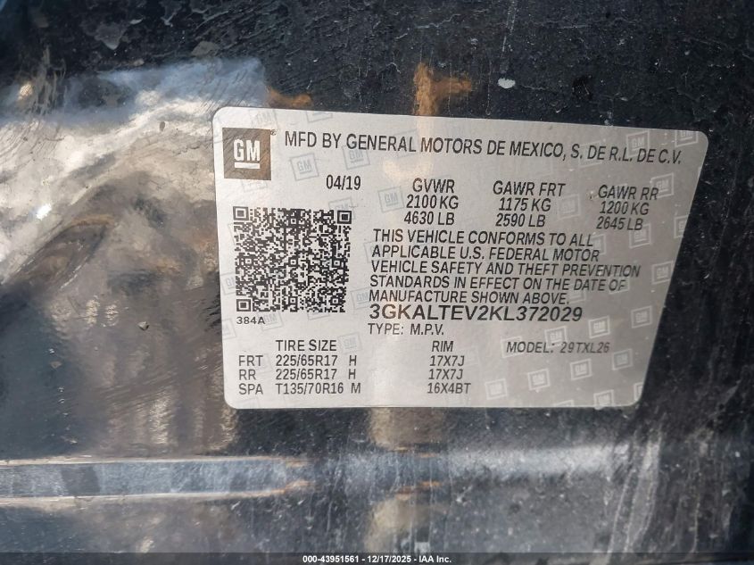 2019 GMC Terrain Sle VIN: 3GKALTEV2KL372029 Lot: 43951561