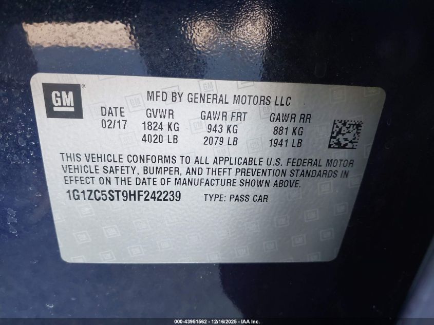 2017 Chevrolet Malibu 1Fl VIN: 1G1ZC5ST9HF242239 Lot: 43951562