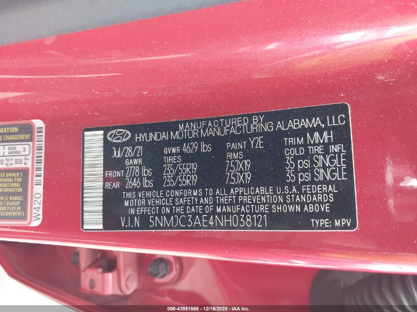 2022 Hyundai Tucson Sel VIN: 5NMJC3AE4NH038121 Lot: 43951566