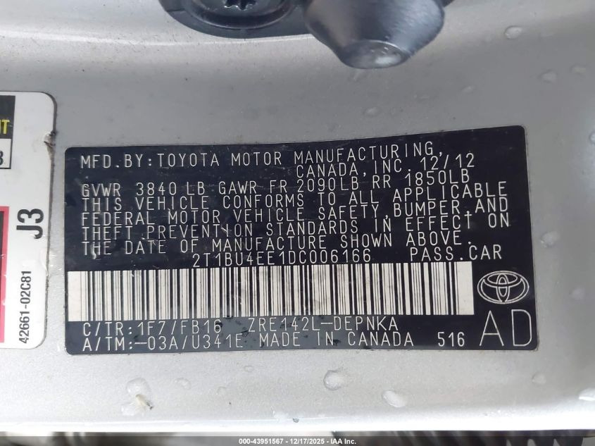 2013 Toyota Corolla Le VIN: JTDBU4EE5DJ121227 Lot: 43951567