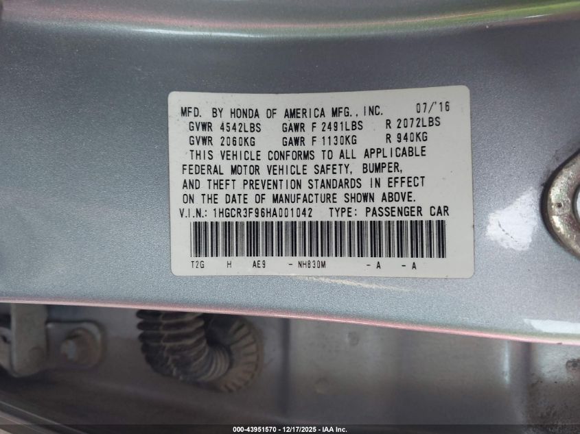 2017 Honda Accord Touring V6 VIN: 1HGCR3F96HA001042 Lot: 43951570