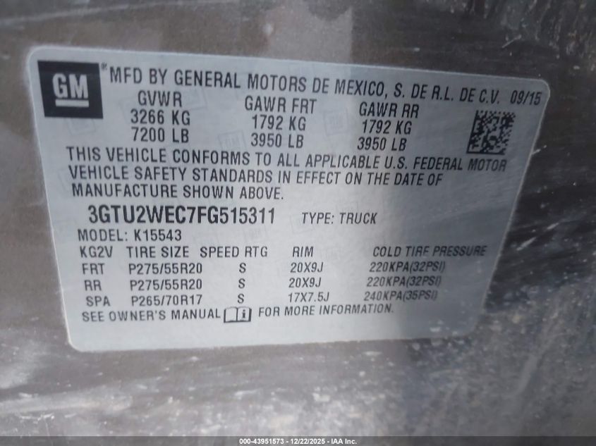 2015 GMC Sierra 1500 Denali VIN: 3GTU2WEC7FG515311 Lot: 43951573