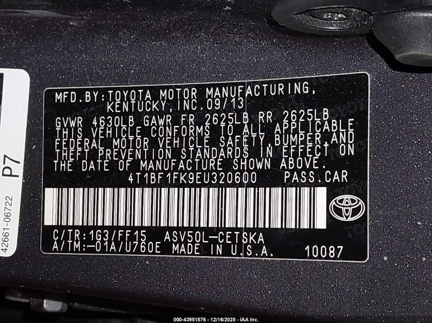 2014 Toyota Camry Se VIN: 4T1BF1FK9EU320600 Lot: 43951576