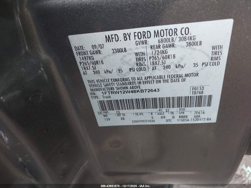 2008 Ford F-150 60Th Anniversary/Fx2/Xl/Xlt VIN: 1FTRW12W48KB72643 Lot: 43951578