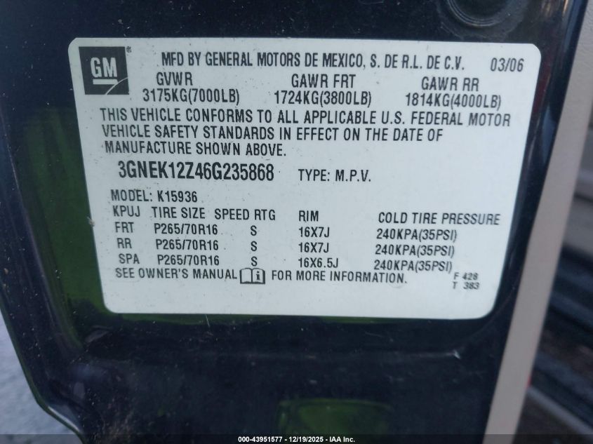 2006 Chevrolet Avalanche 1500 Ls VIN: 3GNEK12Z46G235868 Lot: 43951577