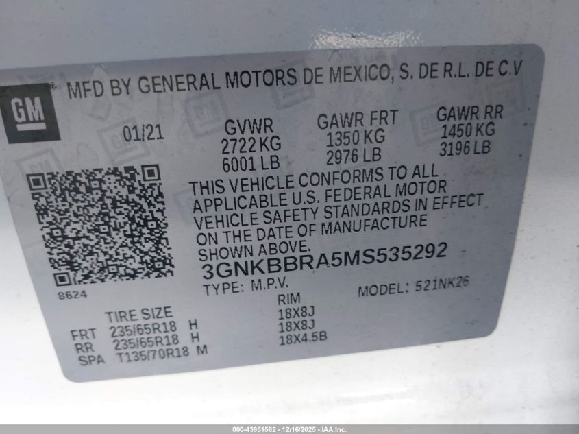 2021 Chevrolet Blazer Fwd 1Lt VIN: 3GNKBBRA5MS535292 Lot: 43951582