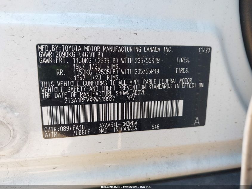 2024 Toyota Rav4 Xle Premium VIN: 2T3A1RFVXRW419927 Lot: 43951586