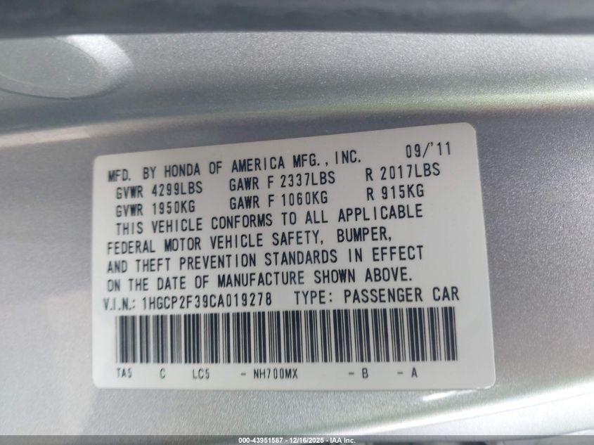 2012 Honda Accord 2.4 Lx VIN: 1HGCP2F39CA019278 Lot: 43951587