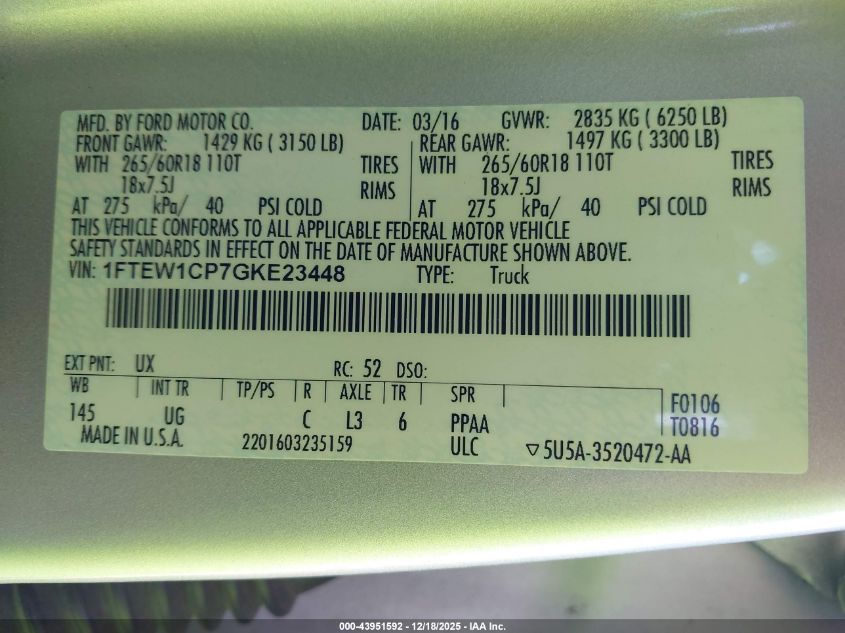 2016 Ford F-150 Xlt VIN: 1FTEW1CP7GKE23448 Lot: 43951592