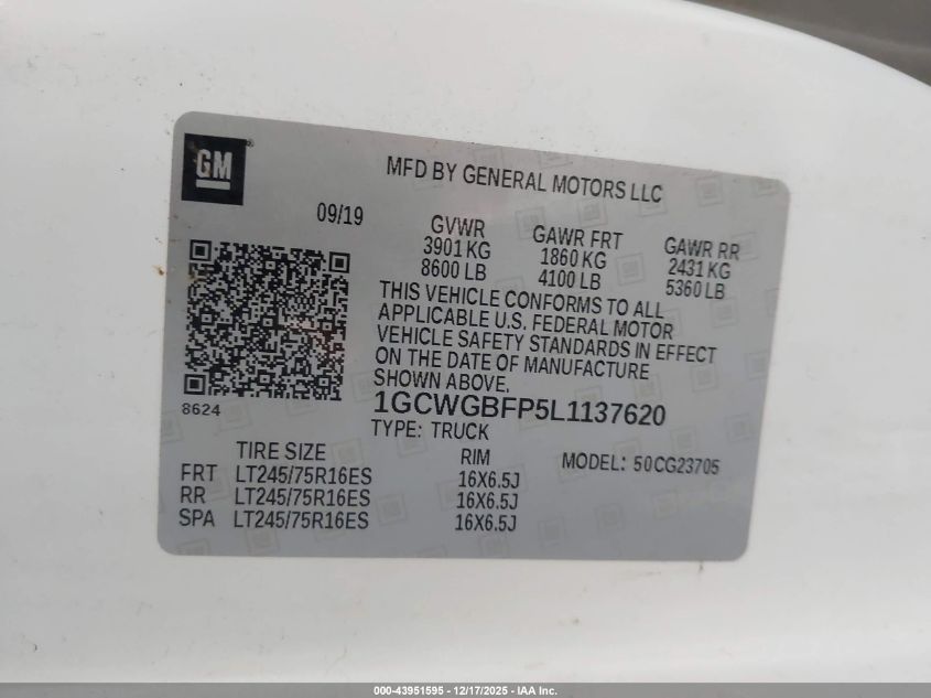 2020 Chevrolet Express Cargo Rwd 2500 Extended Wheelbase Wt VIN: 1GCWGBFP5L1137620 Lot: 43951595