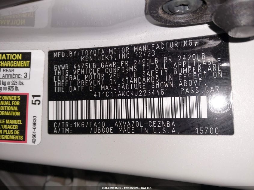 2024 Toyota Camry Le VIN: 4T1C11AK0RU223446 Lot: 43951596