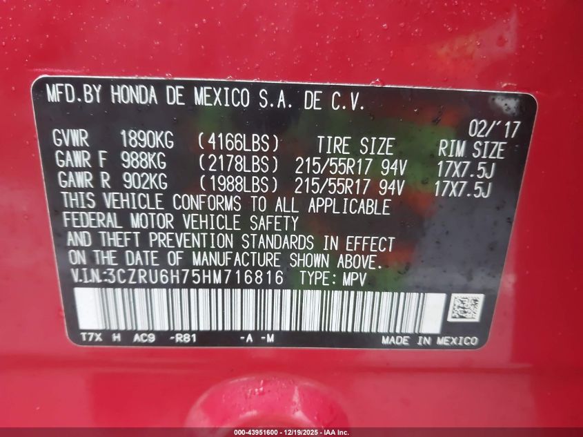 2017 Honda Hr-V Ex-L VIN: 3CZRU6H75HM716816 Lot: 43951600