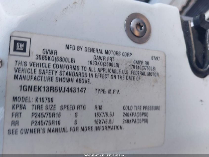 1997 Chevrolet Tahoe Ls VIN: 1GNEK13R6VJ443147 Lot: 43951602