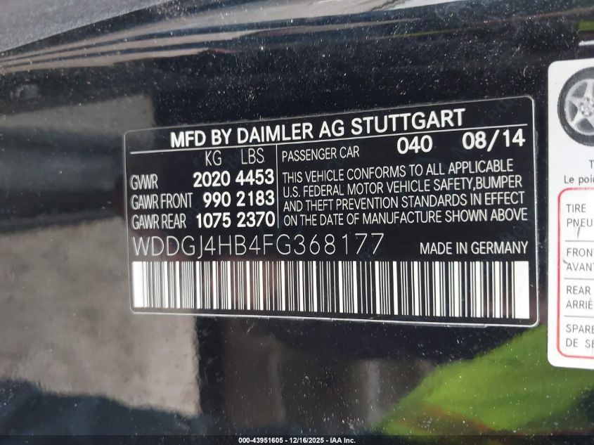 2015 Mercedes-Benz C 250 VIN: WDDGJ4HB4FG368177 Lot: 43951605