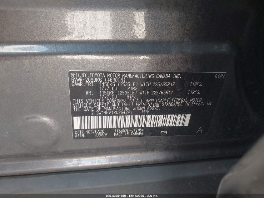 2024 Toyota Rav4 Xle VIN: 2T3W1RFV1RC264241 Lot: 43951609