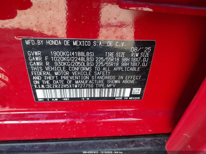 2026 Honda Hr-V Awd Sport VIN: 3CZRZ2H5XTM727750 Lot: 43951613