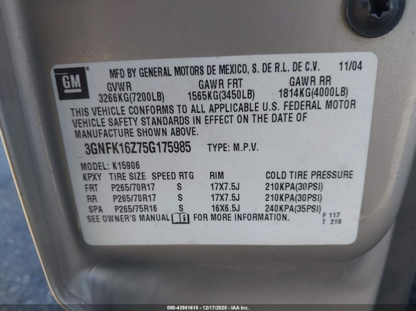 2005 Chevrolet Suburban 1500 Z71 VIN: 3GNFK16Z75G175985 Lot: 43951615