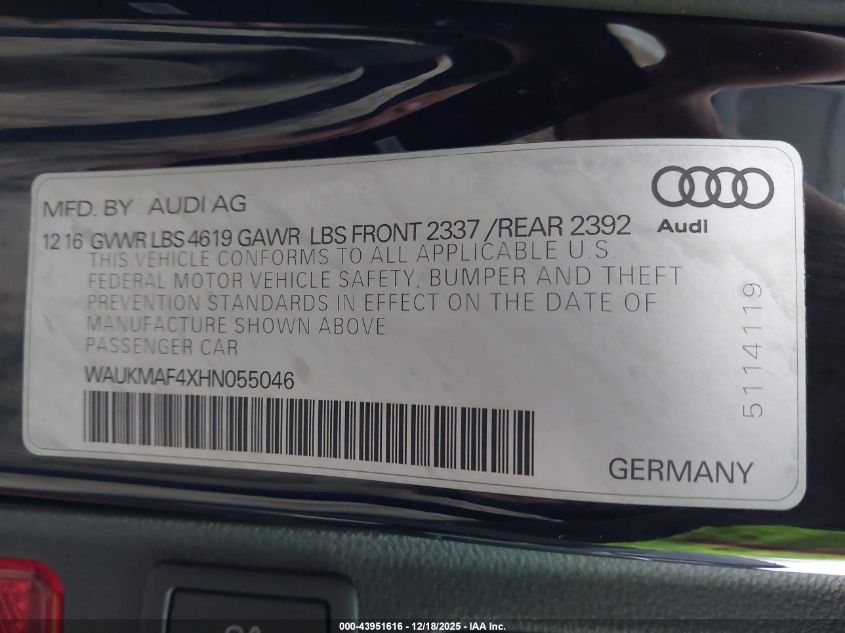 2017 Audi A4 2.0T Season Of Audi Ultra Premium VIN: WAUKMAF4XHN055046 Lot: 43951616