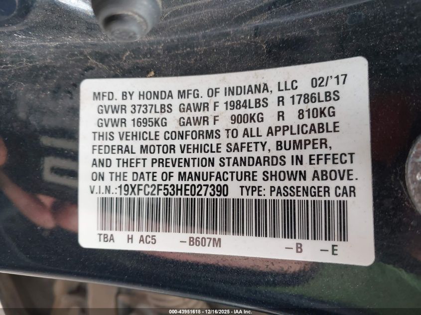 2017 Honda Civic Lx VIN: 19XFC2F53HE027390 Lot: 43951618