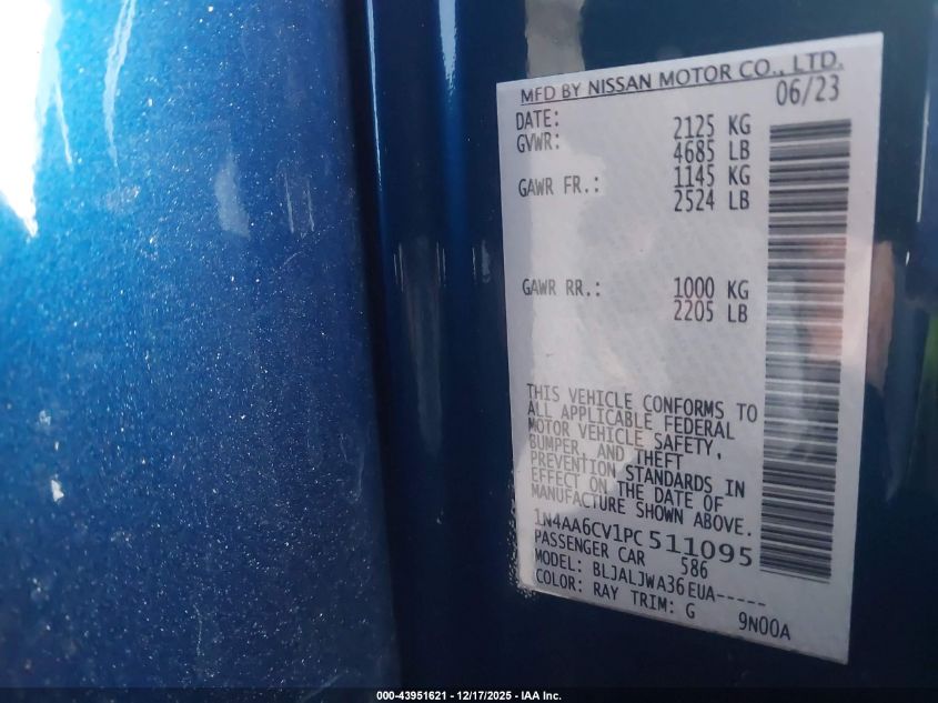 2023 Nissan Maxima Sv Xtronic Cvt VIN: 1N4AA6CV1PC511095 Lot: 43951621