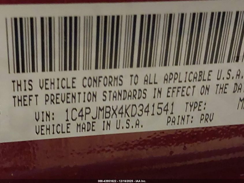 2019 Jeep Cherokee Trailhawk 4X4 VIN: 1C4PJMBX4KD341541 Lot: 43951622